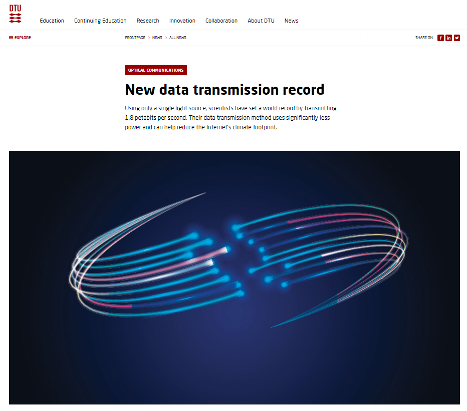 科学家实现 1.84Pbit / s 光纤通信新纪录，相当于全球互联网每秒总流量的两倍